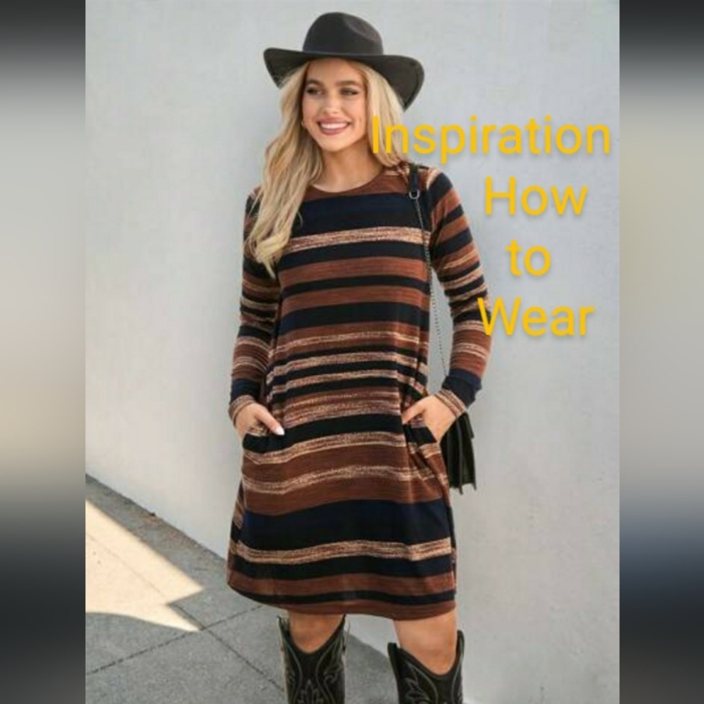 Tacera Striped Knit Dress Size Petite Brown Long Sleeve Scoop Neck with Necklace